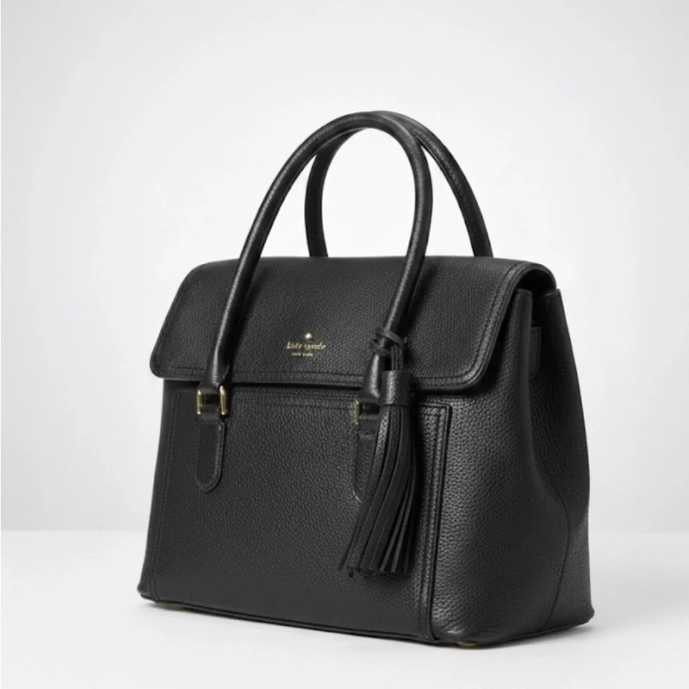 Kate Spade Black Pebbled Leather Satchel Tassel Top Handle Purse